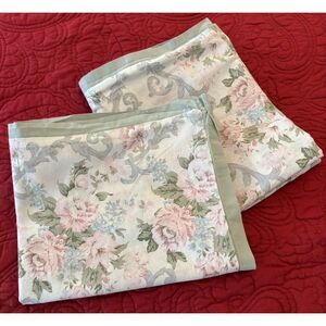 Laura Ashley Pink Floral Green Border King Pillow Shams Cottagecore 100% Cotton